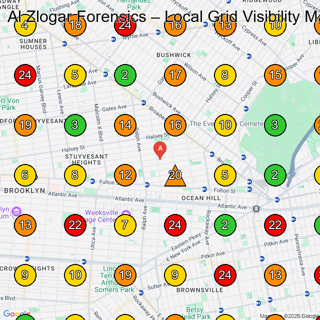 Al Zlogar Forensics Legal Services GeoGrid ranking map for Brooklyn NY